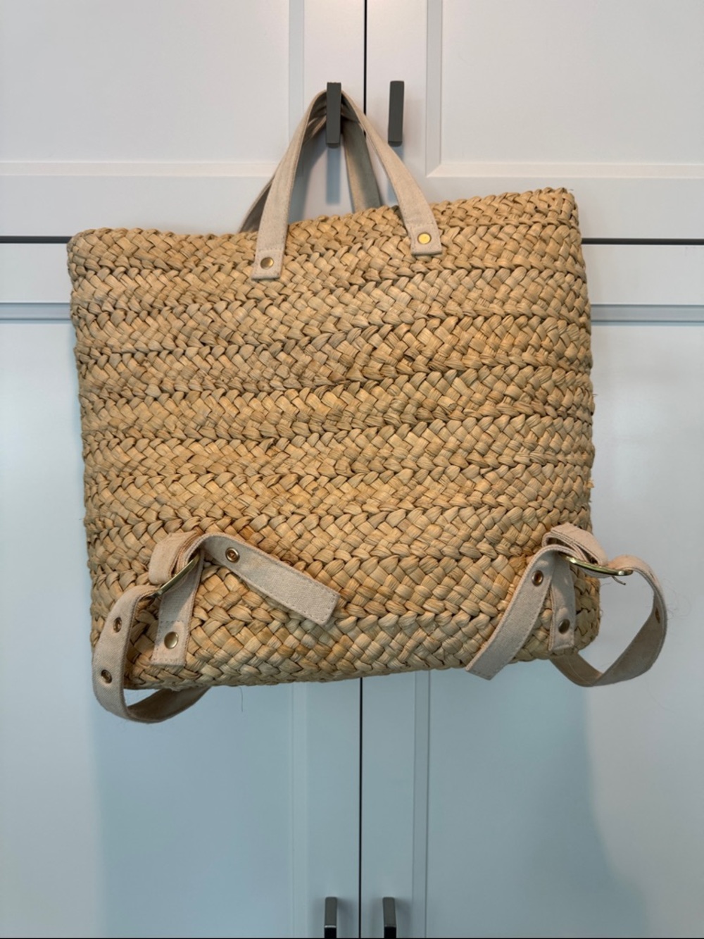 Natural Woven Straw Tote with Beige Canvas Straps - Picture 2 of 3